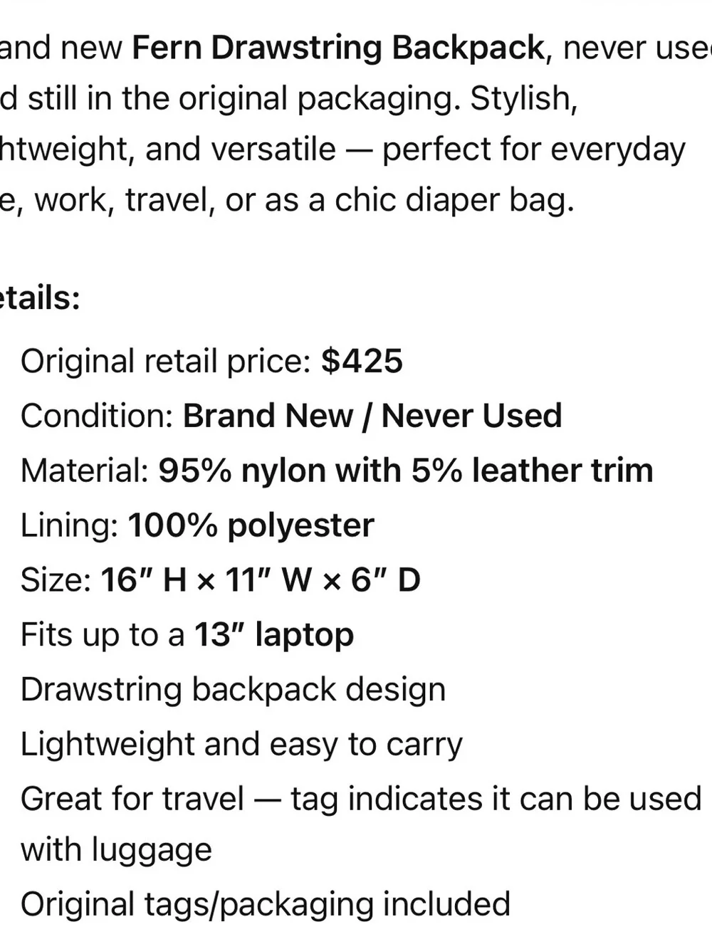 Tumi Fern Drawstring Backpack - Black NEW WITH TAGS!